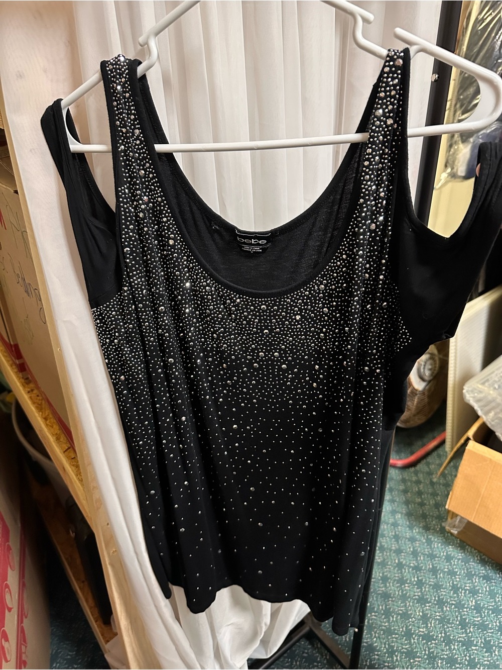 💐bebe Black Studded Cold-Shoulder Tank